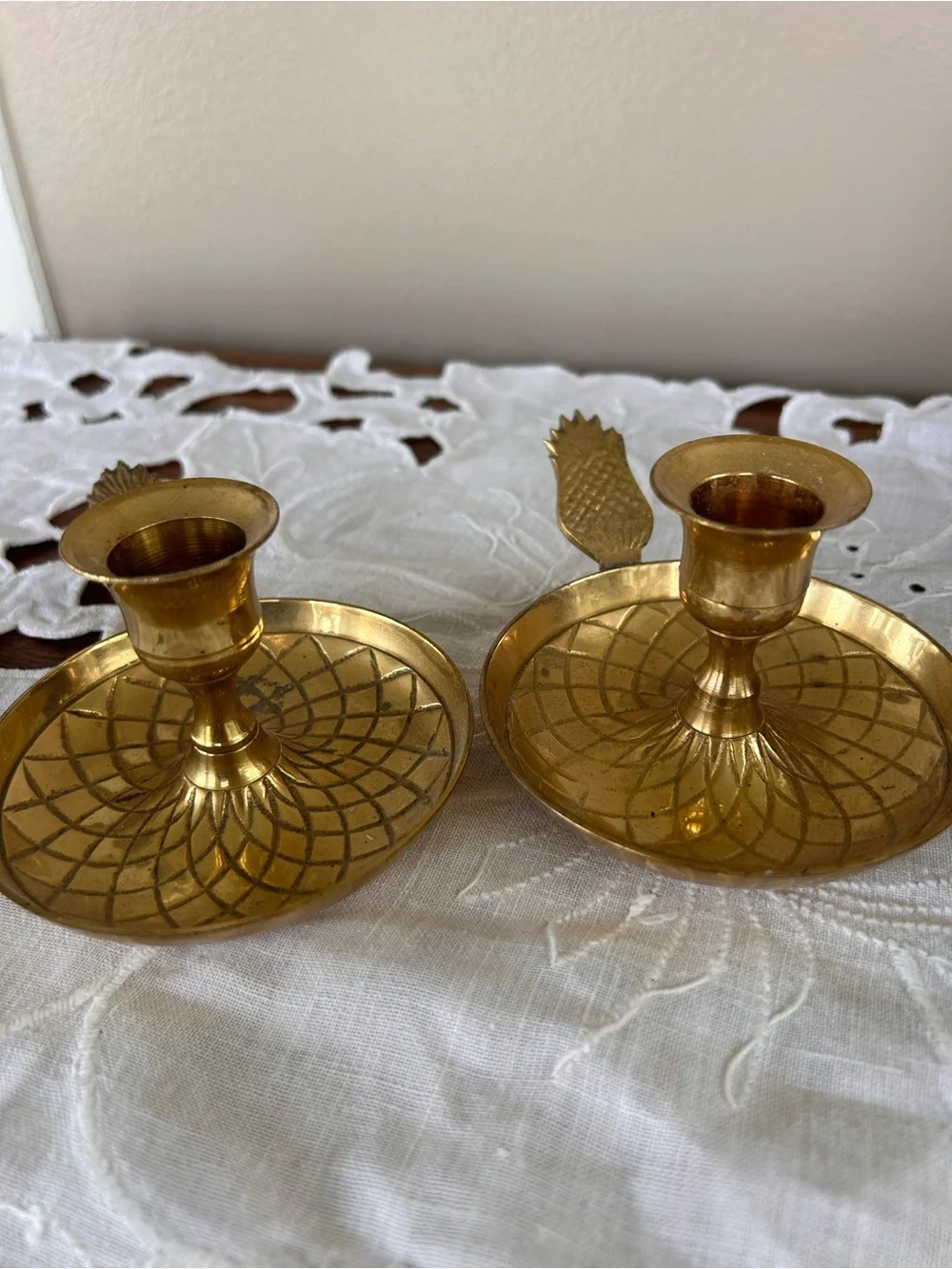 Pair of Brass Pineapple Candlestick Holder w/Etched Bass and Handle Tropical